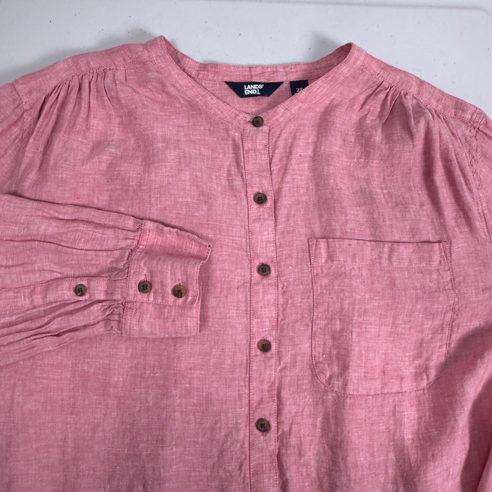 Lands End Womens 2X 100% Linen Pink Long Sleeve Tunic Blouse Lagenlook Preppy